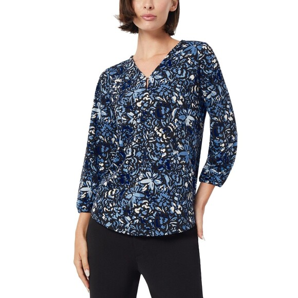 Jones New York Petite Printed Embellished-Keyhole Blouse,  Horizon Multi, PS - Picture 1 of 1
